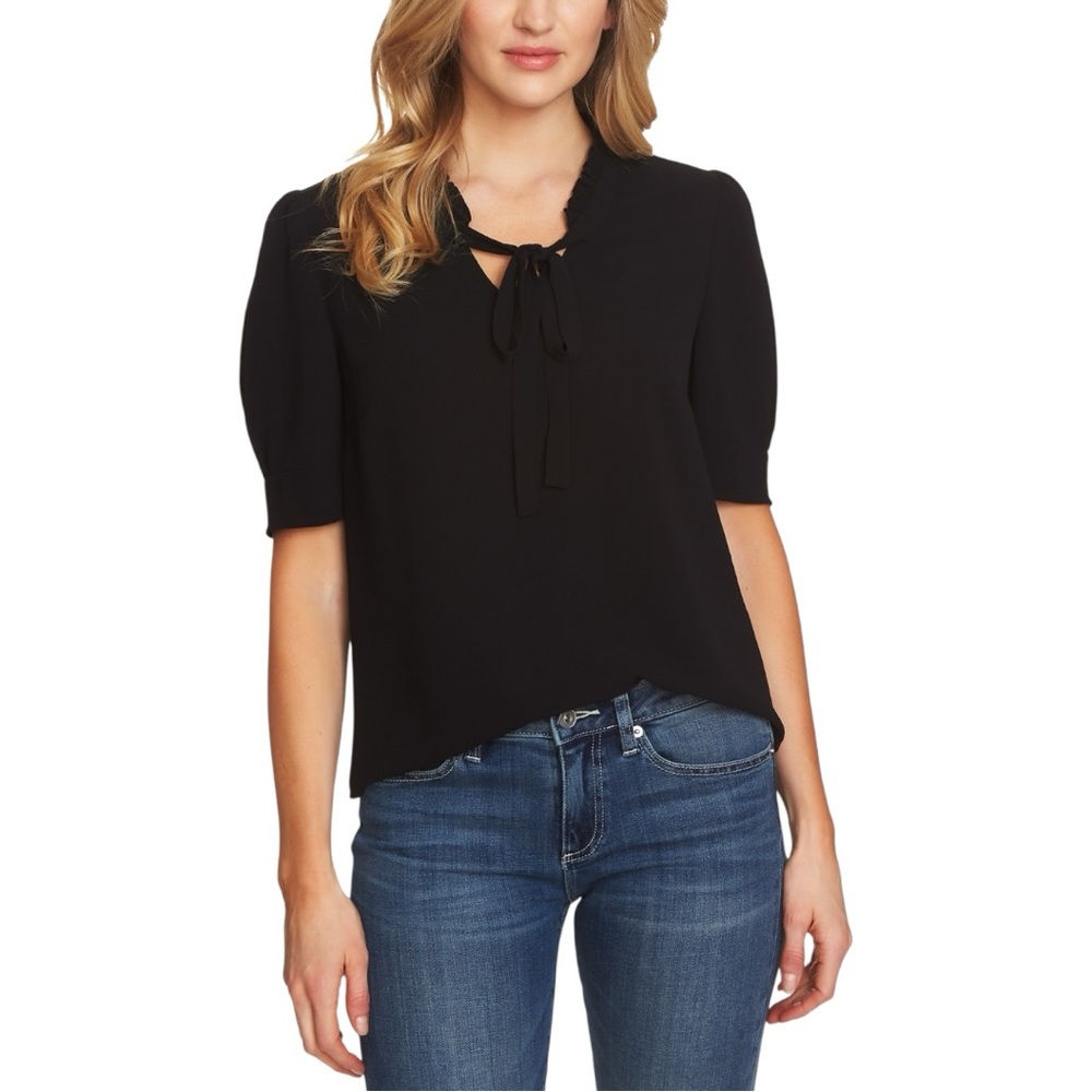 NWT Cece Women's Black Short Sleeve Ruffled V-Neck Tie Neck Essentials Blouse 3X